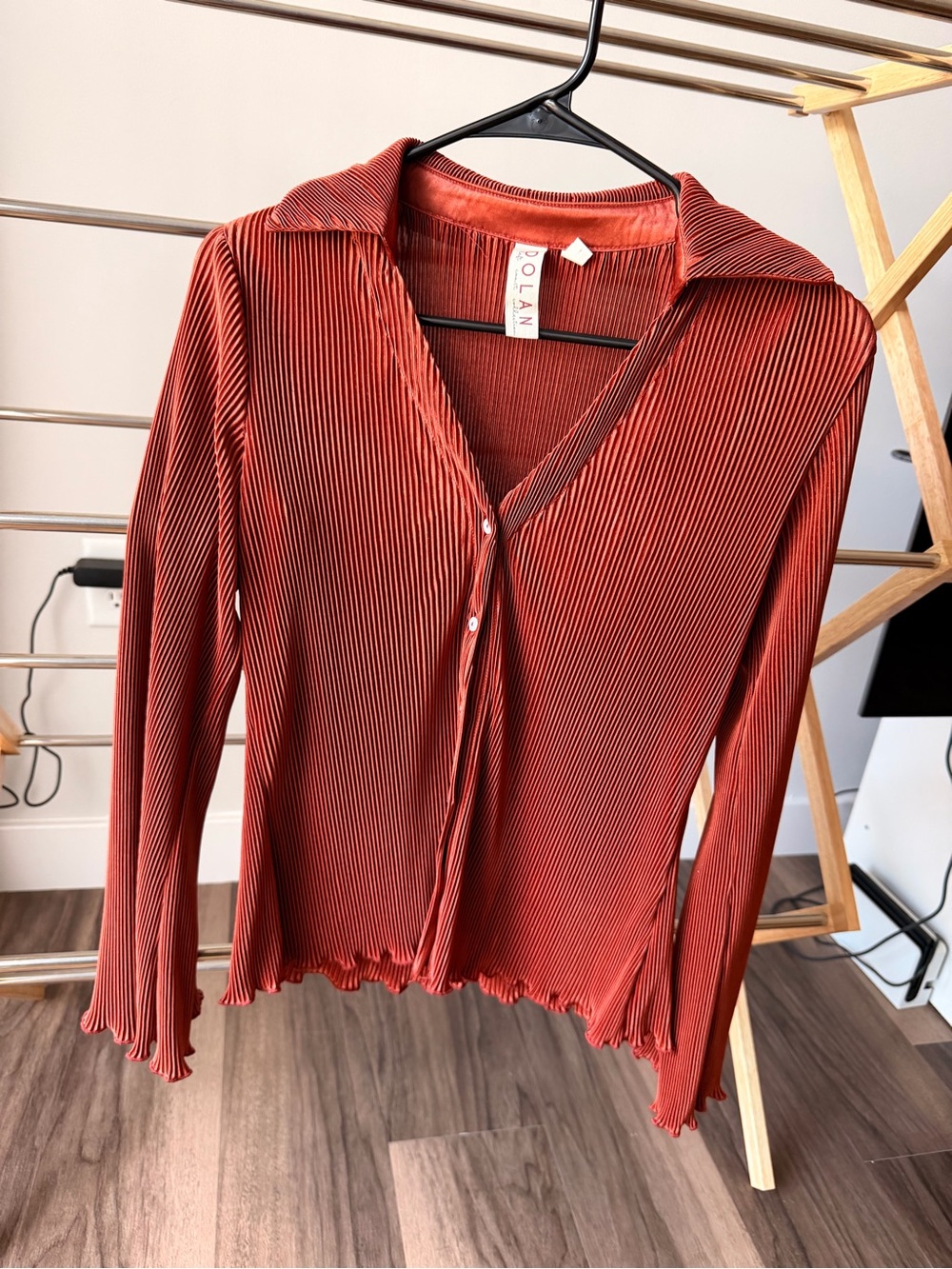 Anthropologie Rust Red Pleated Button-Down Long Sleeve Top
